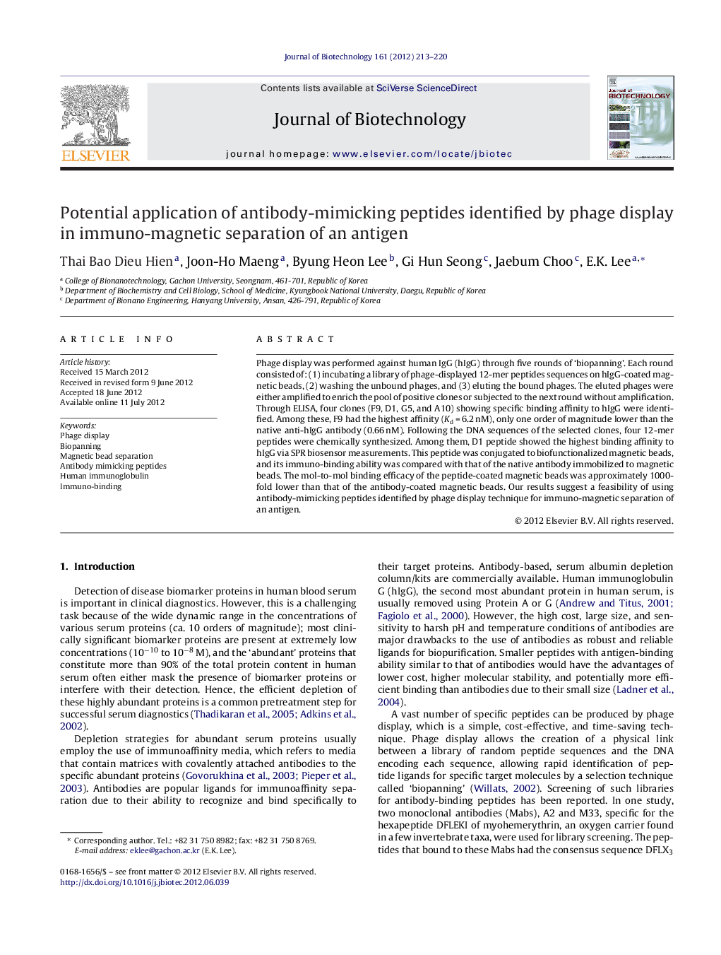 Potential application of antibody-mimicking peptides identified by phage display in immuno-magnetic separation of an antigen