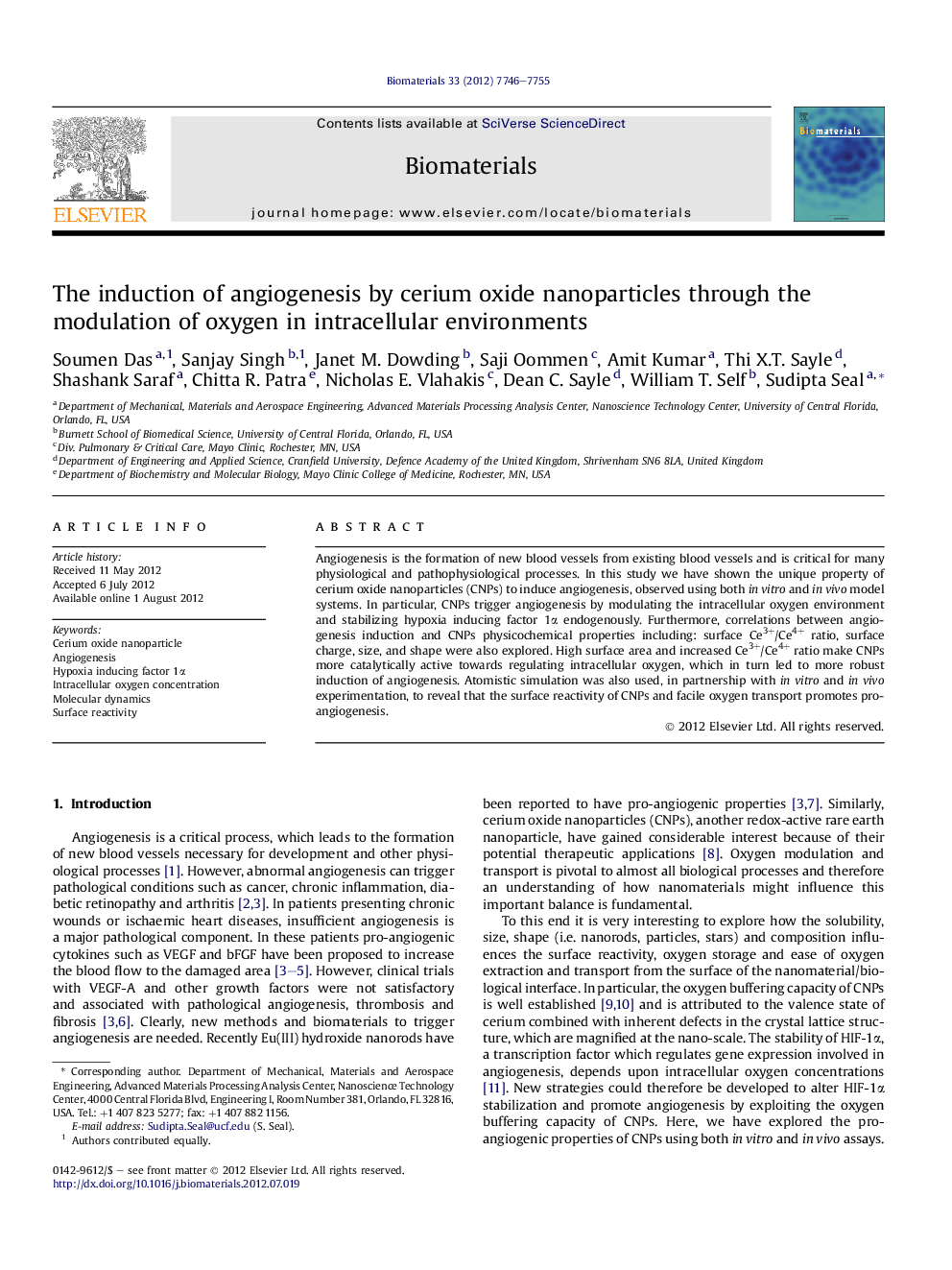 The induction of angiogenesis by cerium oxide nanoparticles through the modulation of oxygen in intracellular environments