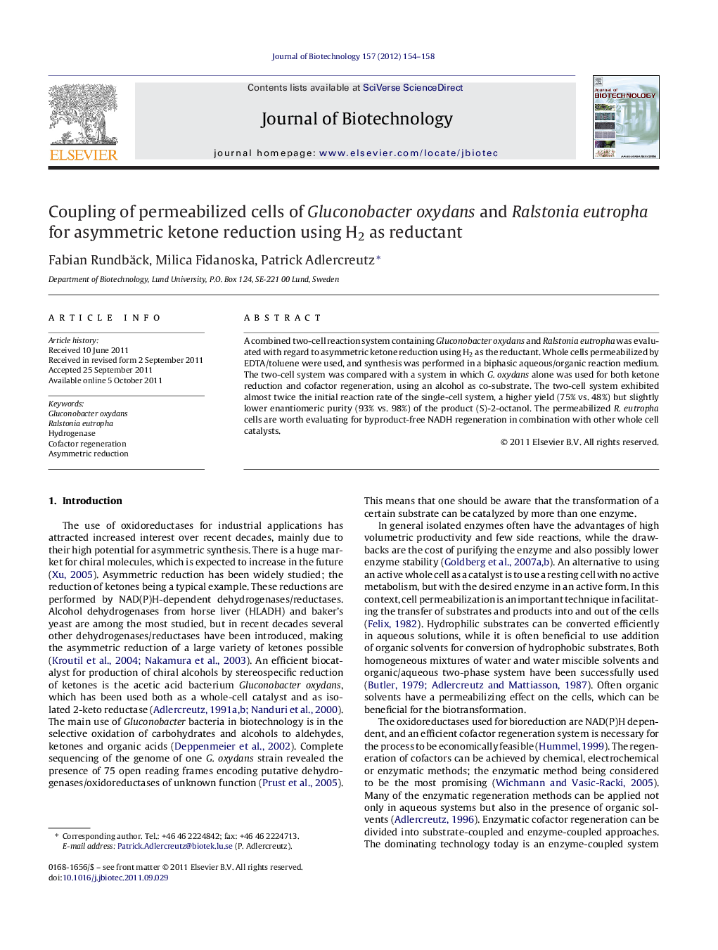 Coupling of permeabilized cells of Gluconobacter oxydans and Ralstonia eutropha for asymmetric ketone reduction using H2 as reductant