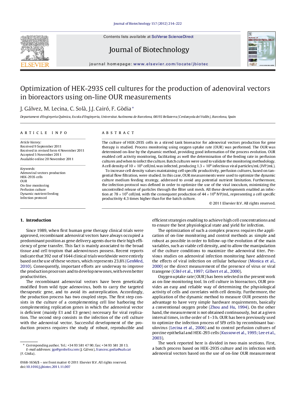 Optimization of HEK-293S cell cultures for the production of adenoviral vectors in bioreactors using on-line OUR measurements