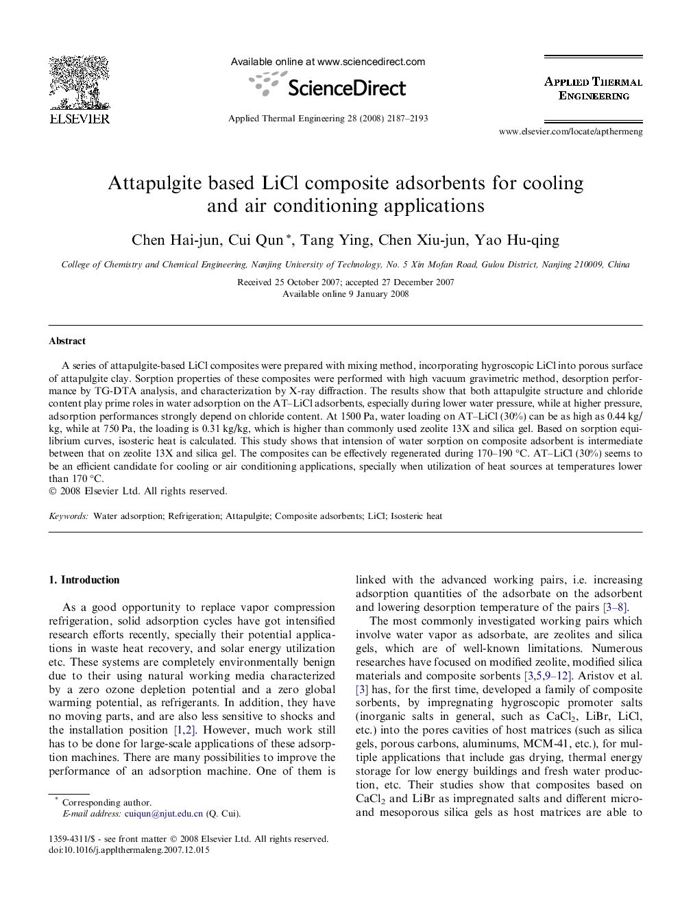 Attapulgite based LiCl composite adsorbents for cooling and air conditioning applications