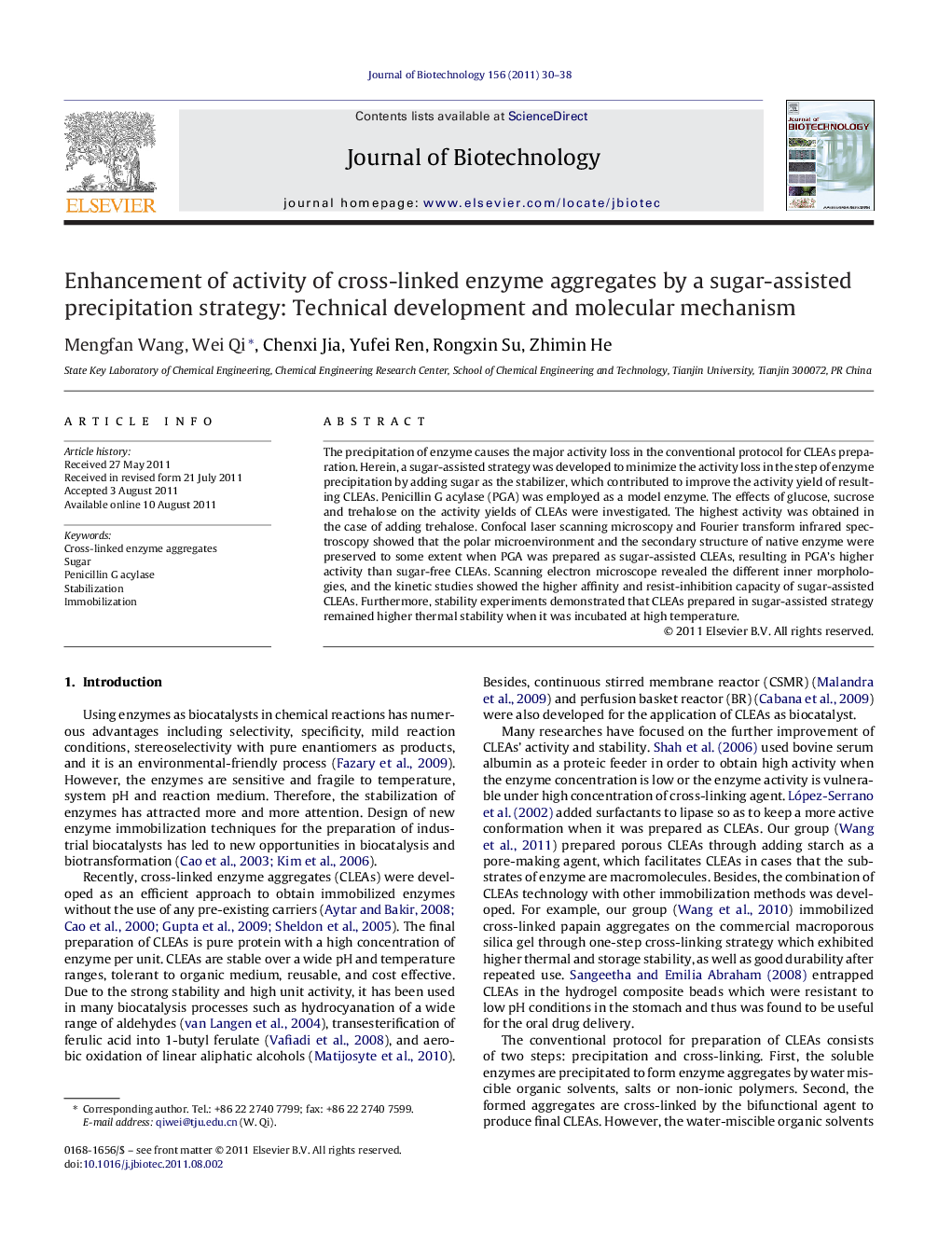 Enhancement of activity of cross-linked enzyme aggregates by a sugar-assisted precipitation strategy: Technical development and molecular mechanism