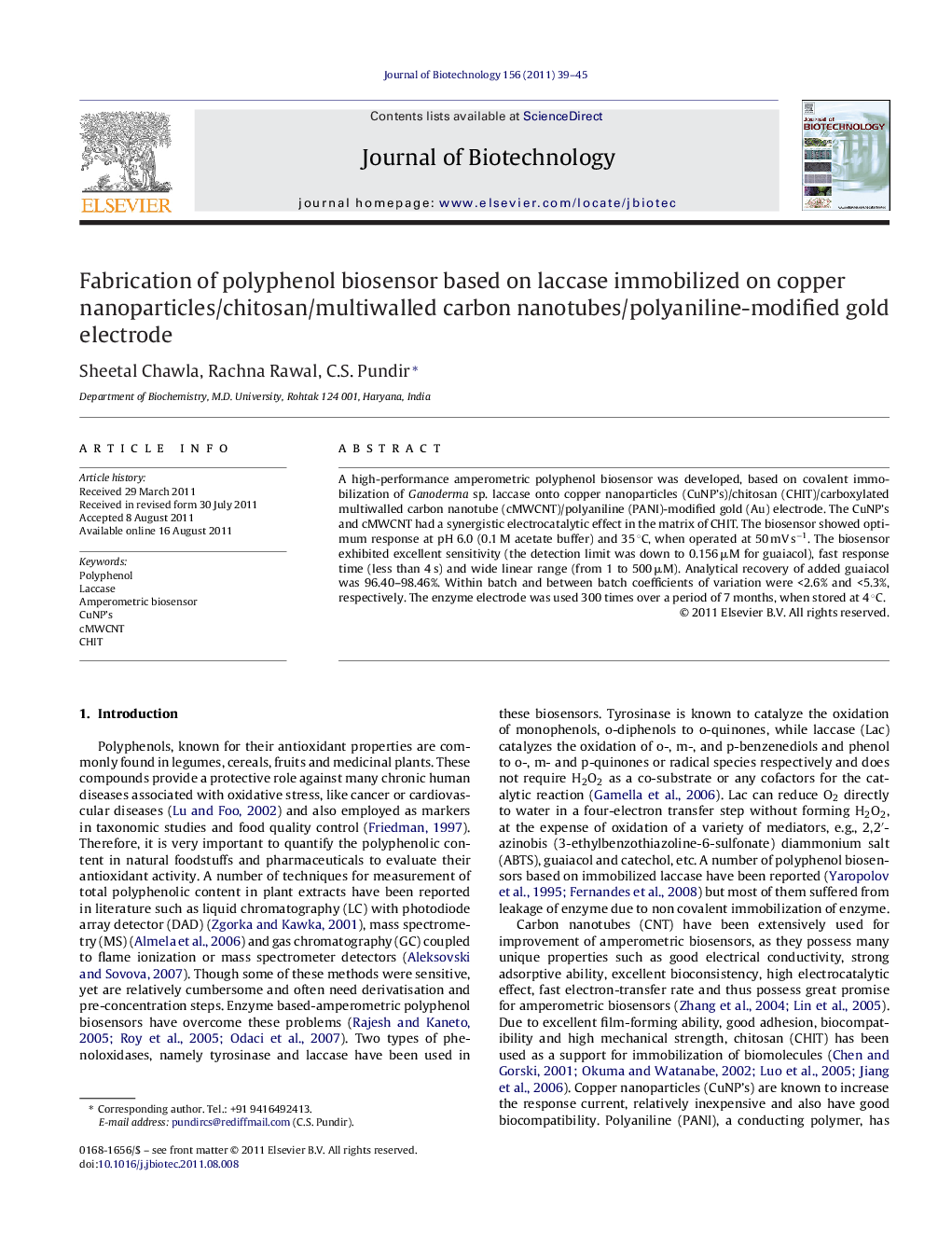 Fabrication of polyphenol biosensor based on laccase immobilized on copper nanoparticles/chitosan/multiwalled carbon nanotubes/polyaniline-modified gold electrode