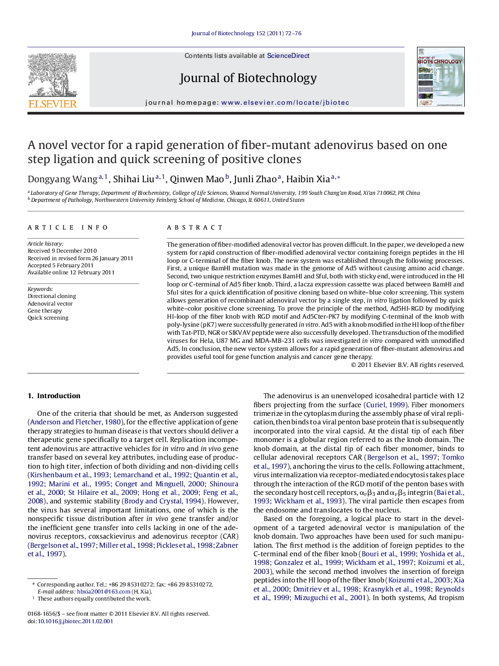 A novel vector for a rapid generation of fiber-mutant adenovirus based on one step ligation and quick screening of positive clones