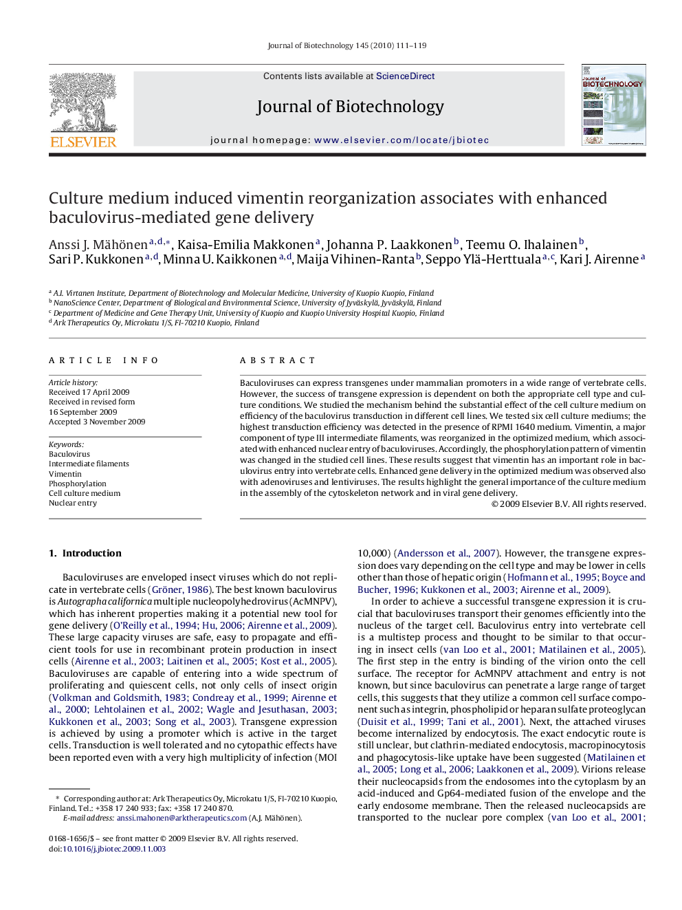 Culture medium induced vimentin reorganization associates with enhanced baculovirus-mediated gene delivery