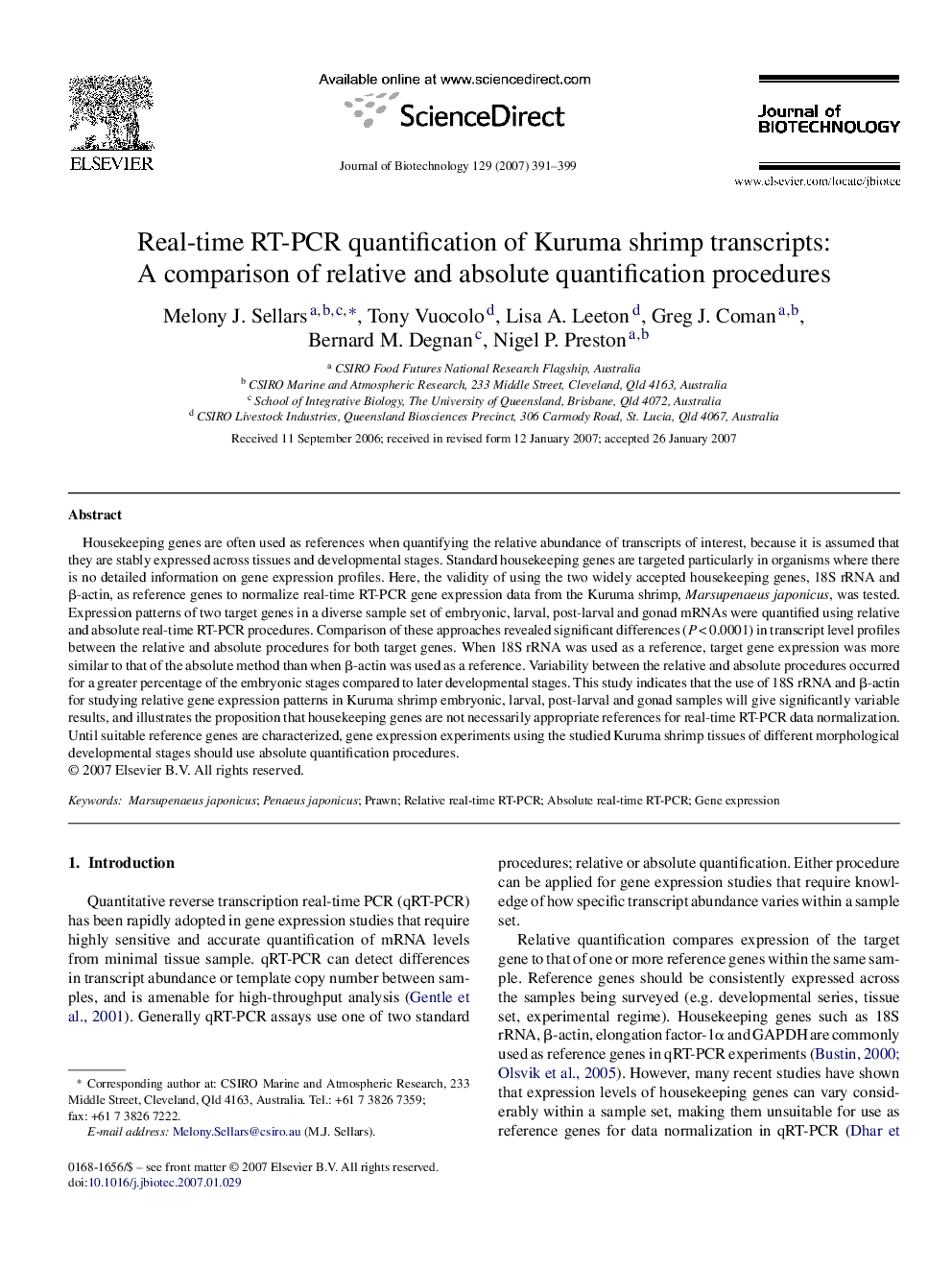 Real-time RT-PCR quantification of Kuruma shrimp transcripts: A comparison of relative and absolute quantification procedures