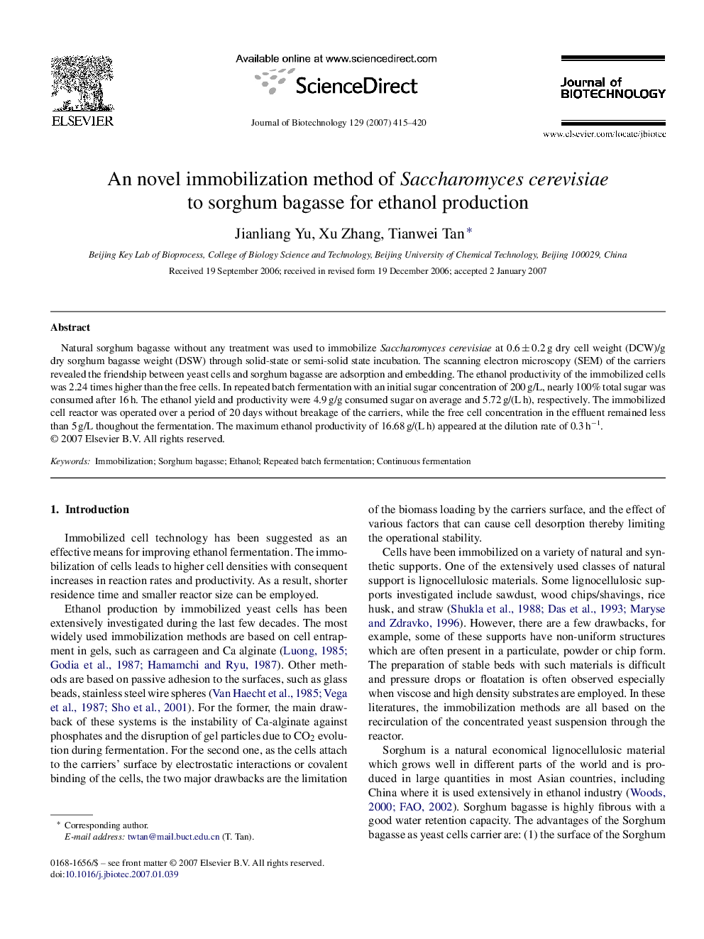 عکس صفحه اول مقاله: An novel immobilization method of Saccharomyces cerevisiae to sorghum bagasse for ethanol production An novel immobilization method of Saccharomyces cerevisiae to sorghum bagasse for ethanol production