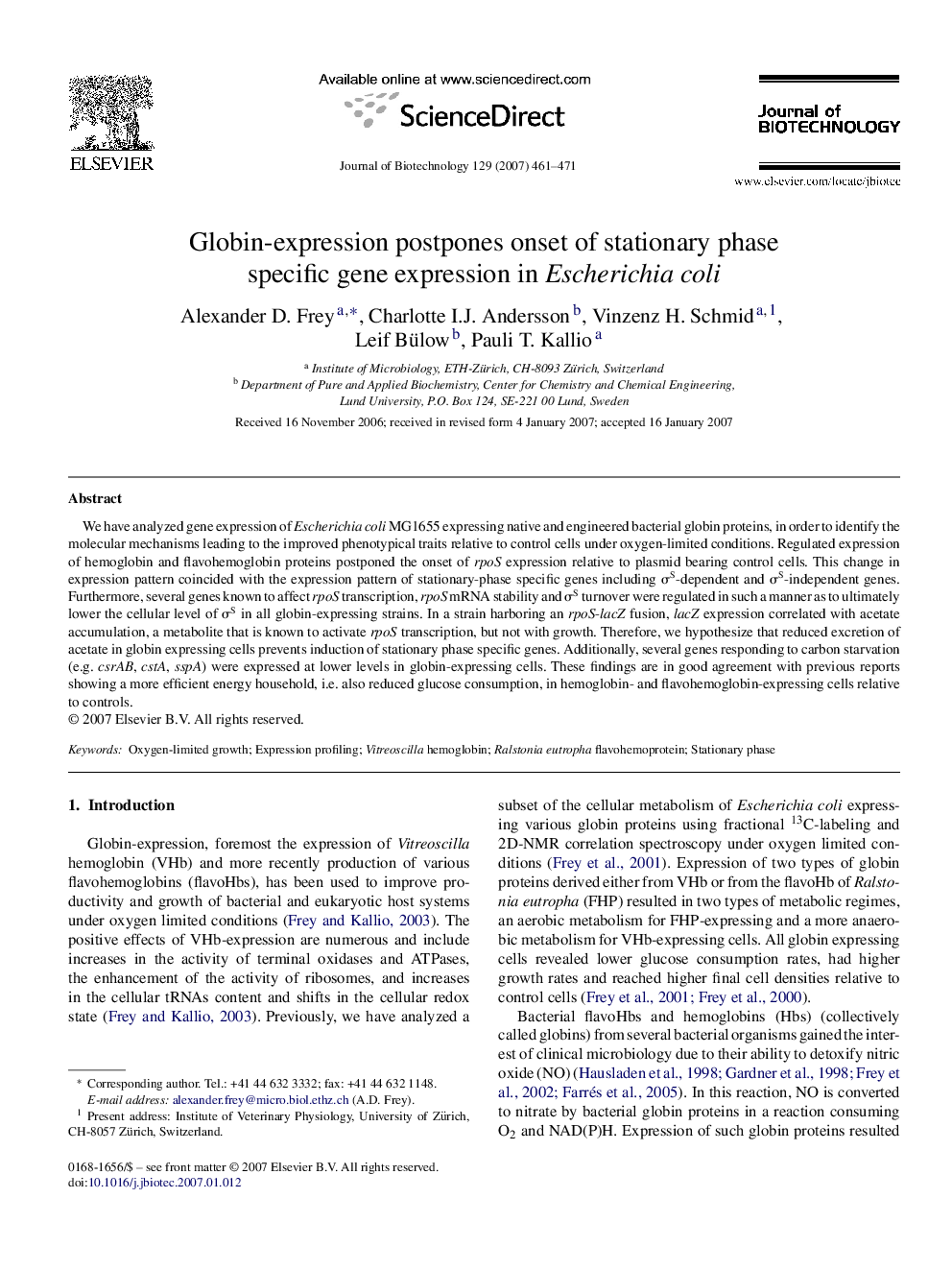 Globin-expression postpones onset of stationary phase specific gene expression in Escherichia coli