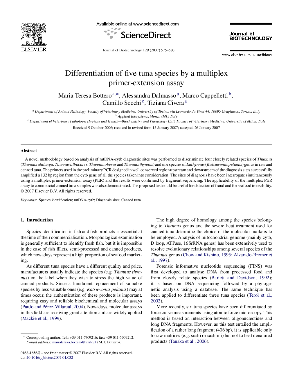 Differentiation of five tuna species by a multiplex primer-extension assay