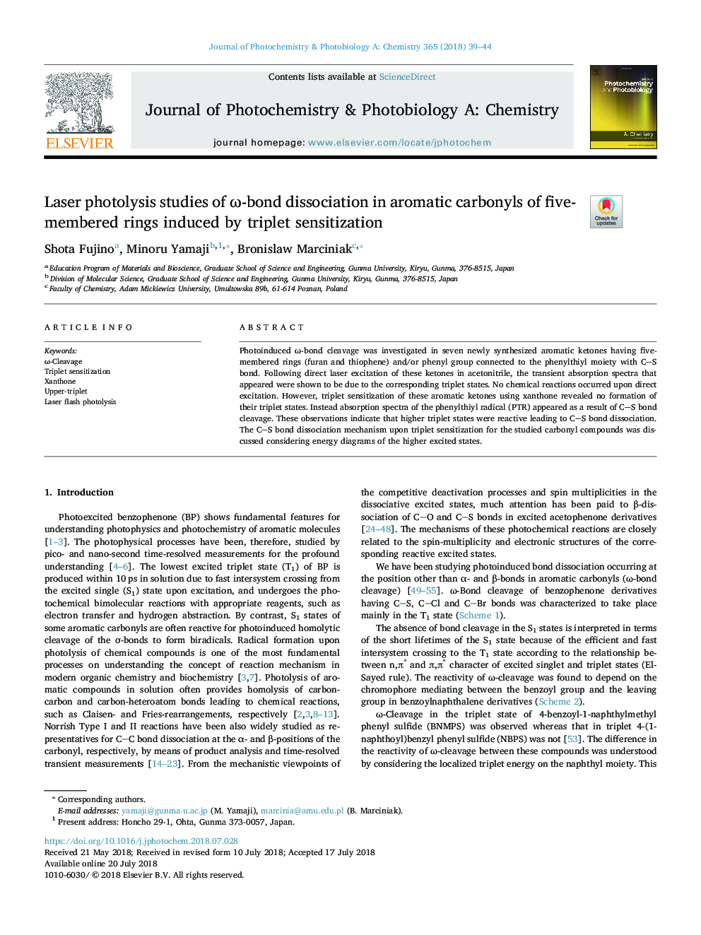 Laser photolysis studies of Ï-bond dissociation in aromatic carbonyls of five-membered rings induced by triplet sensitization