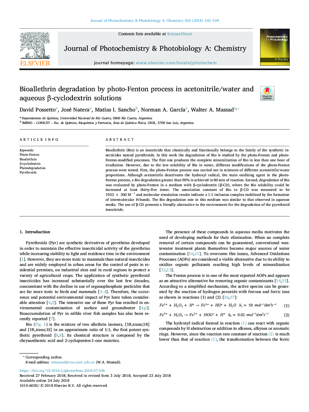 Bioallethrin degradation by photo-Fenton process in acetonitrile/water and aqueous Î²-cyclodextrin solutions