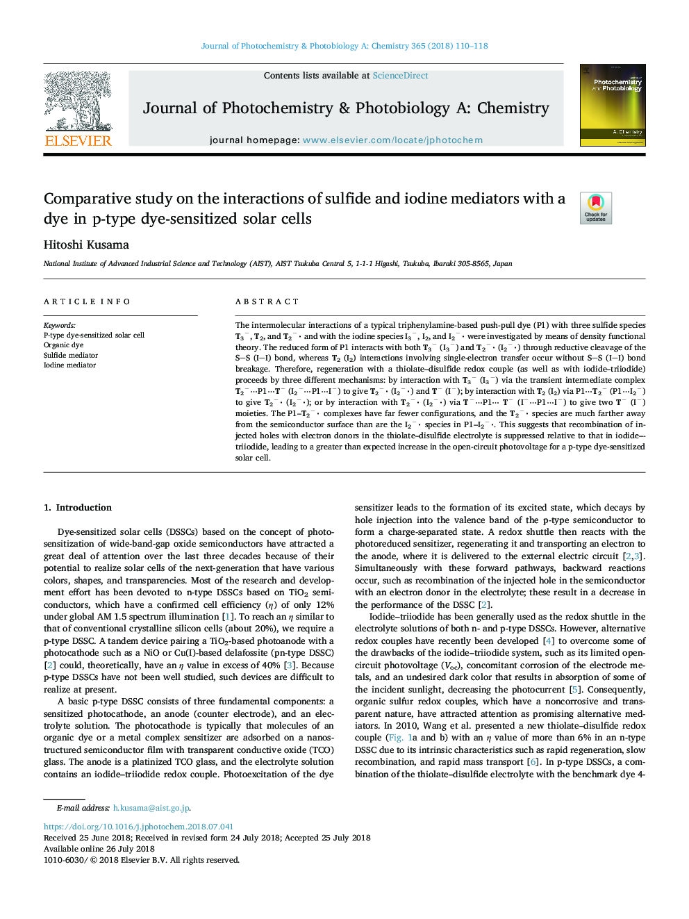 Comparative study on the interactions of sulfide and iodine mediators with a dye in p-type dye-sensitized solar cells