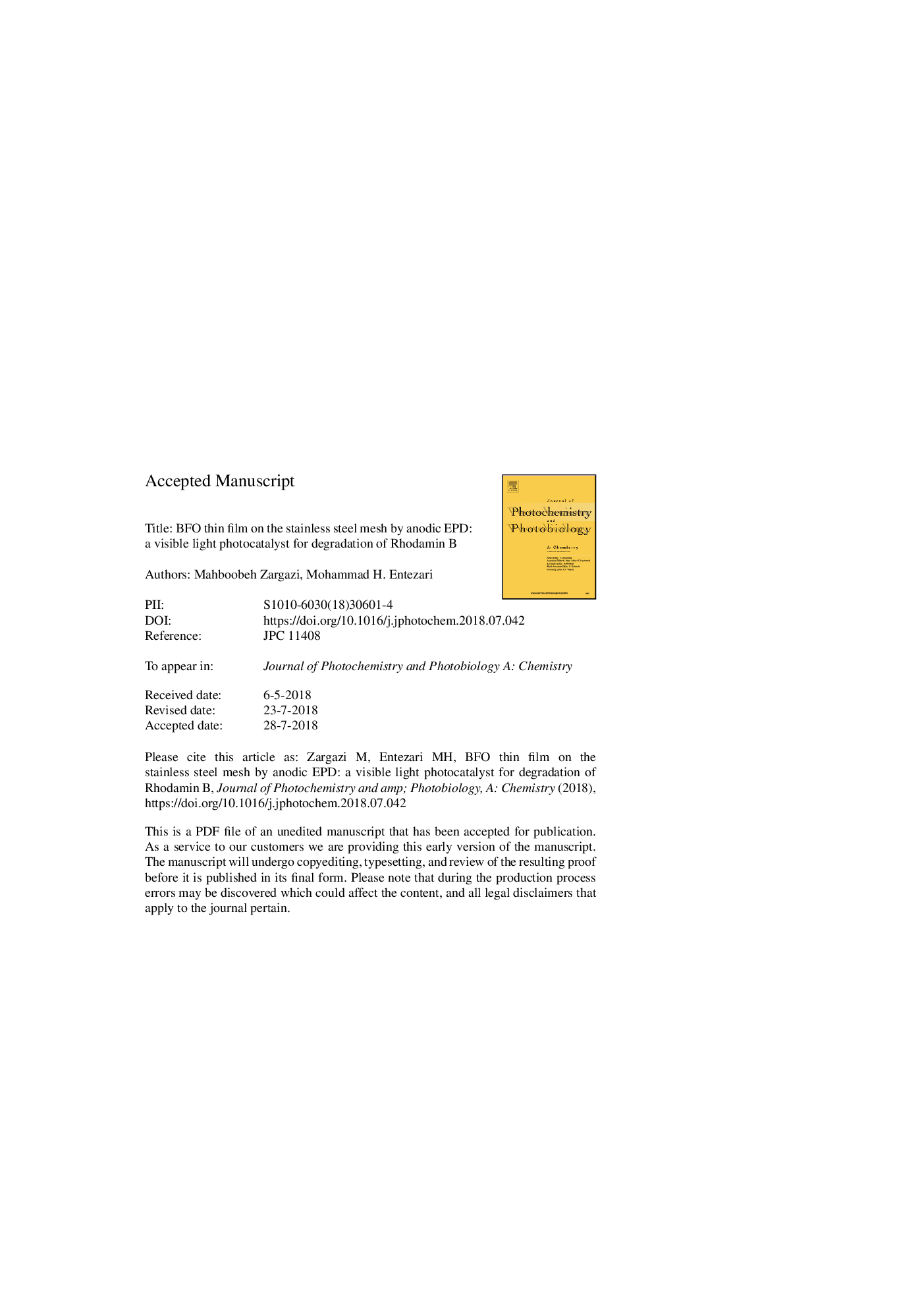 عکس صفحه اول مقاله: BFO thin film on the stainless steel mesh by anodic EPD: A visible light photocatalyst for degradation of Rhodamin B BFO thin film on the stainless steel mesh by anodic EPD: A visible light photocatalyst for degradation of Rhodamin B