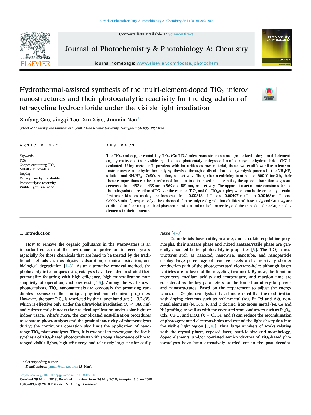 Hydrothermal-assisted synthesis of the multi-element-doped TiO2 micro/nanostructures and their photocatalytic reactivity for the degradation of tetracycline hydrochloride under the visible light irradiation