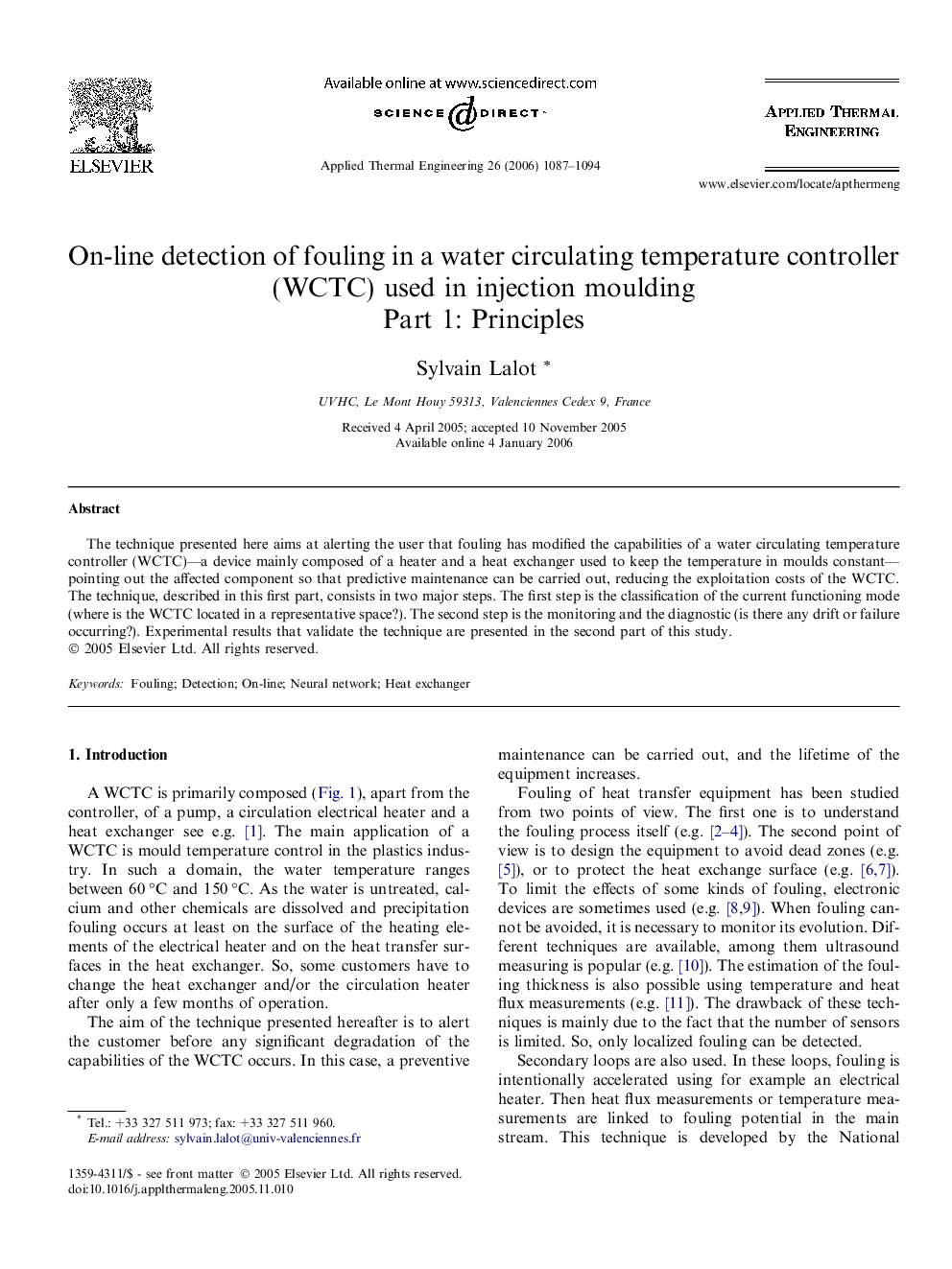 On-line detection of fouling in a water circulating temperature controller (WCTC) used in injection moulding: Part 1: Principles