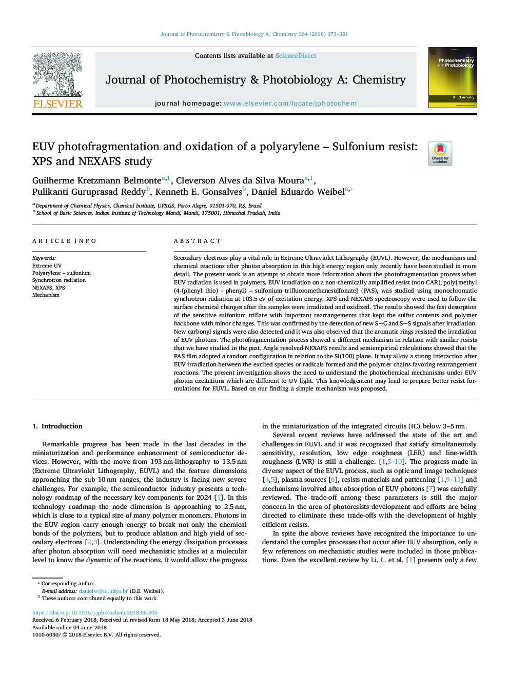 EUV photofragmentation and oxidation of a polyarylene - Sulfonium resist: XPS and NEXAFS study