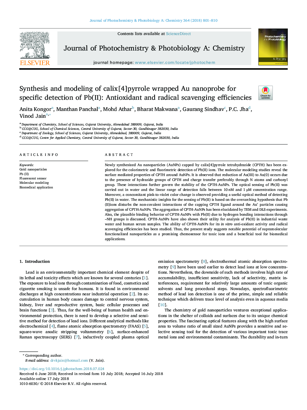 Synthesis and modeling of calix[4]pyrrole wrapped Au nanoprobe for specific detection of Pb(II): Antioxidant and radical scavenging efficiencies