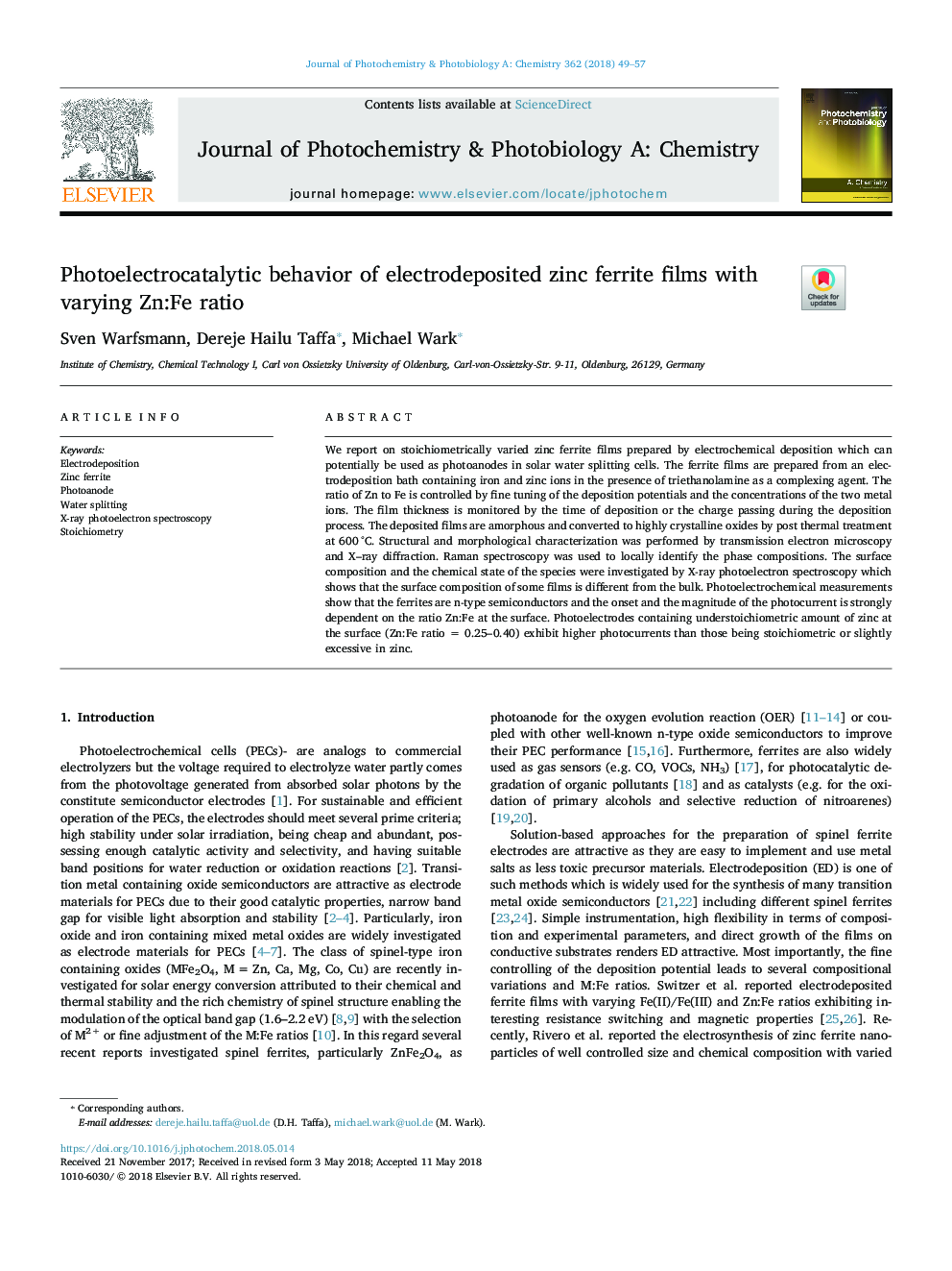 Photoelectrocatalytic behavior of electrodeposited zinc ferrite films with varying Zn:Fe ratio