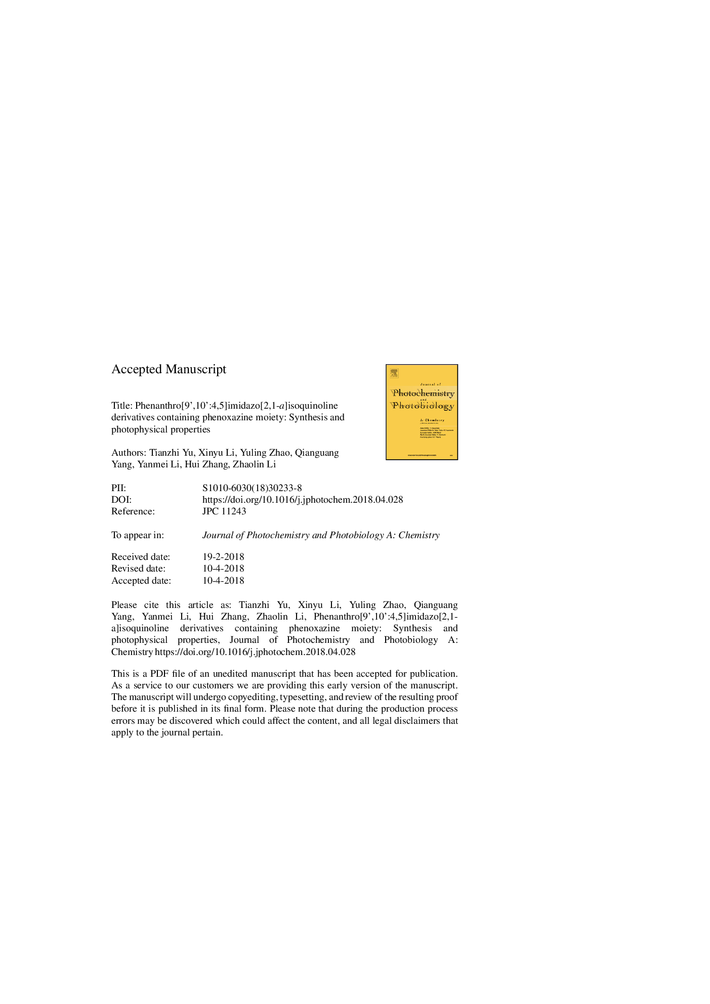 Phenanthro[9â²,10â²:4,5]imidazo[2,1-a]isoquinoline derivatives containing phenoxazine moiety: Synthesis and photophysical properties