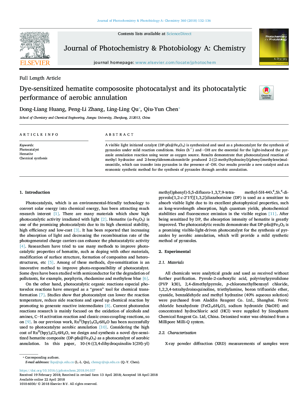 Dye-sensitized hematite compososite photocatalyst and its photocatalytic performance of aerobic annulation