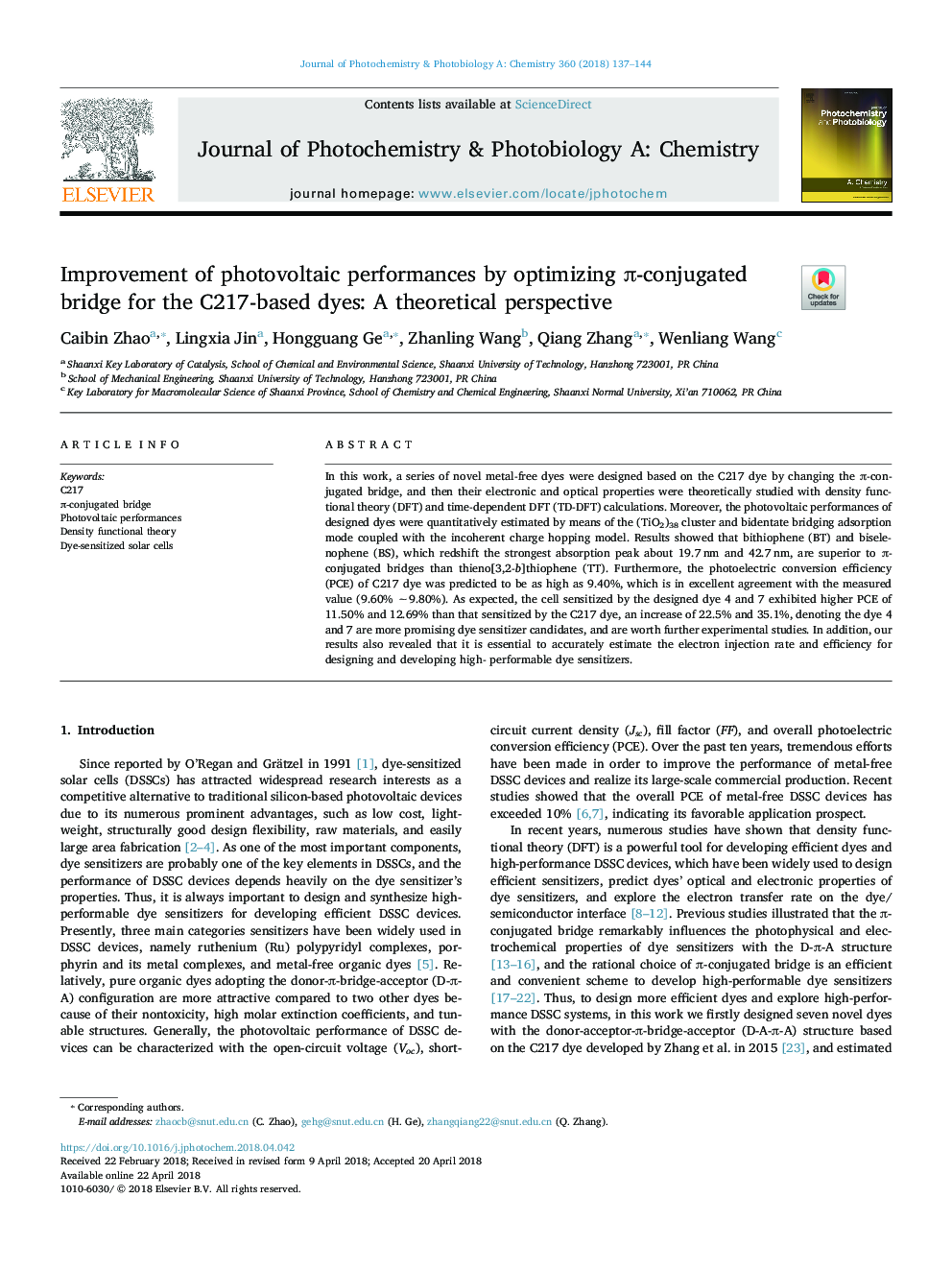 Improvement of photovoltaic performances by optimizing Ï-conjugated bridge for the C217-based dyes: A theoretical perspective