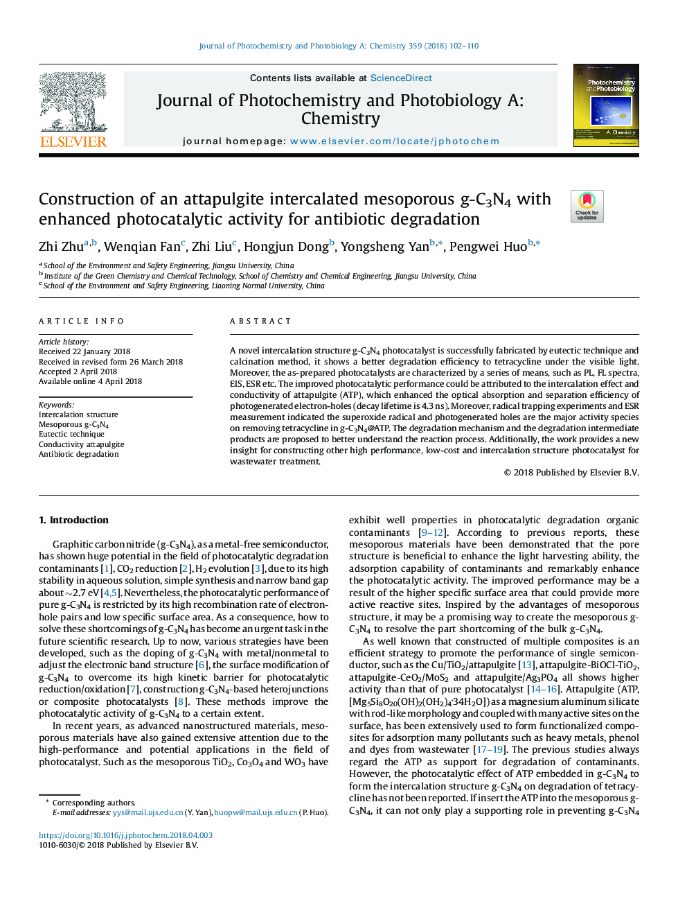 Construction of an attapulgite intercalated mesoporous g-C3N4 with enhanced photocatalytic activity for antibiotic degradation