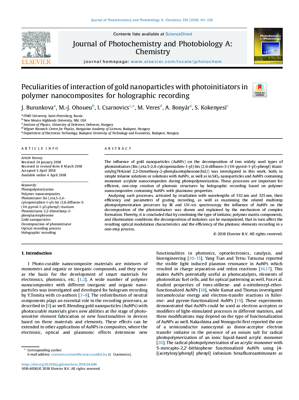 Peculiarities of interaction of gold nanoparticles with photoinitiators in polymer nanocomposites for holographic recording