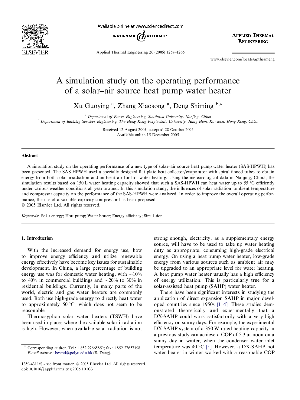 A simulation study on the operating performance of a solar–air source heat pump water heater