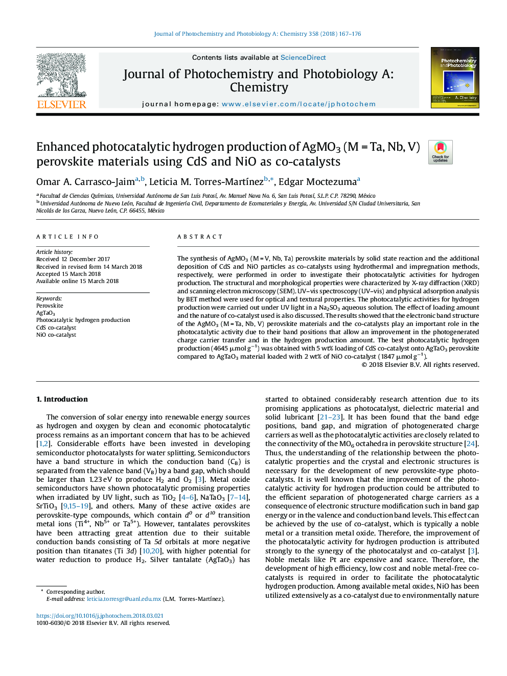 Enhanced photocatalytic hydrogen production of AgMO3 (Mâ¯=â¯Ta, Nb, V) perovskite materials using CdS and NiO as co-catalysts