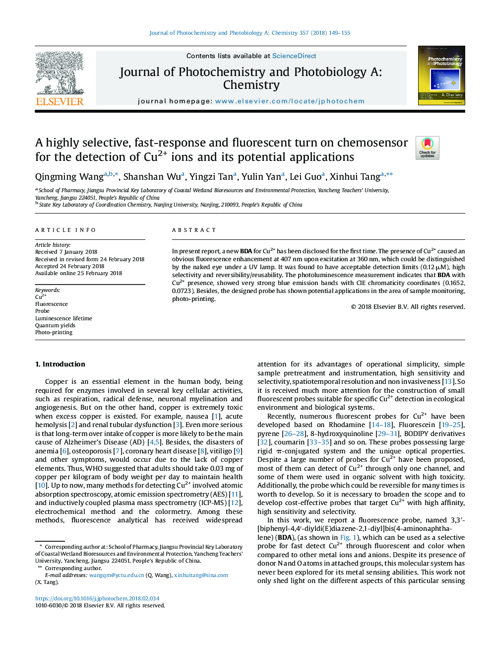 عکس صفحه اول مقاله: A highly selective, fast-response and fluorescent turn on chemosensor for the detection of Cu2+ ions and its potential applications A highly selective, fast-response and fluorescent turn on chemosensor for the detection of Cu2+ ions and its potential applications