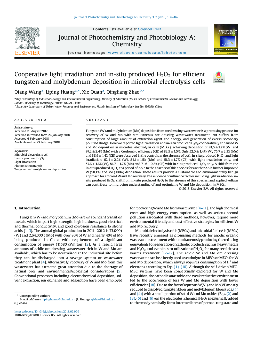 Cooperative light irradiation and in-situ produced H2O2 for efficient tungsten and molybdenum deposition in microbial electrolysis cells