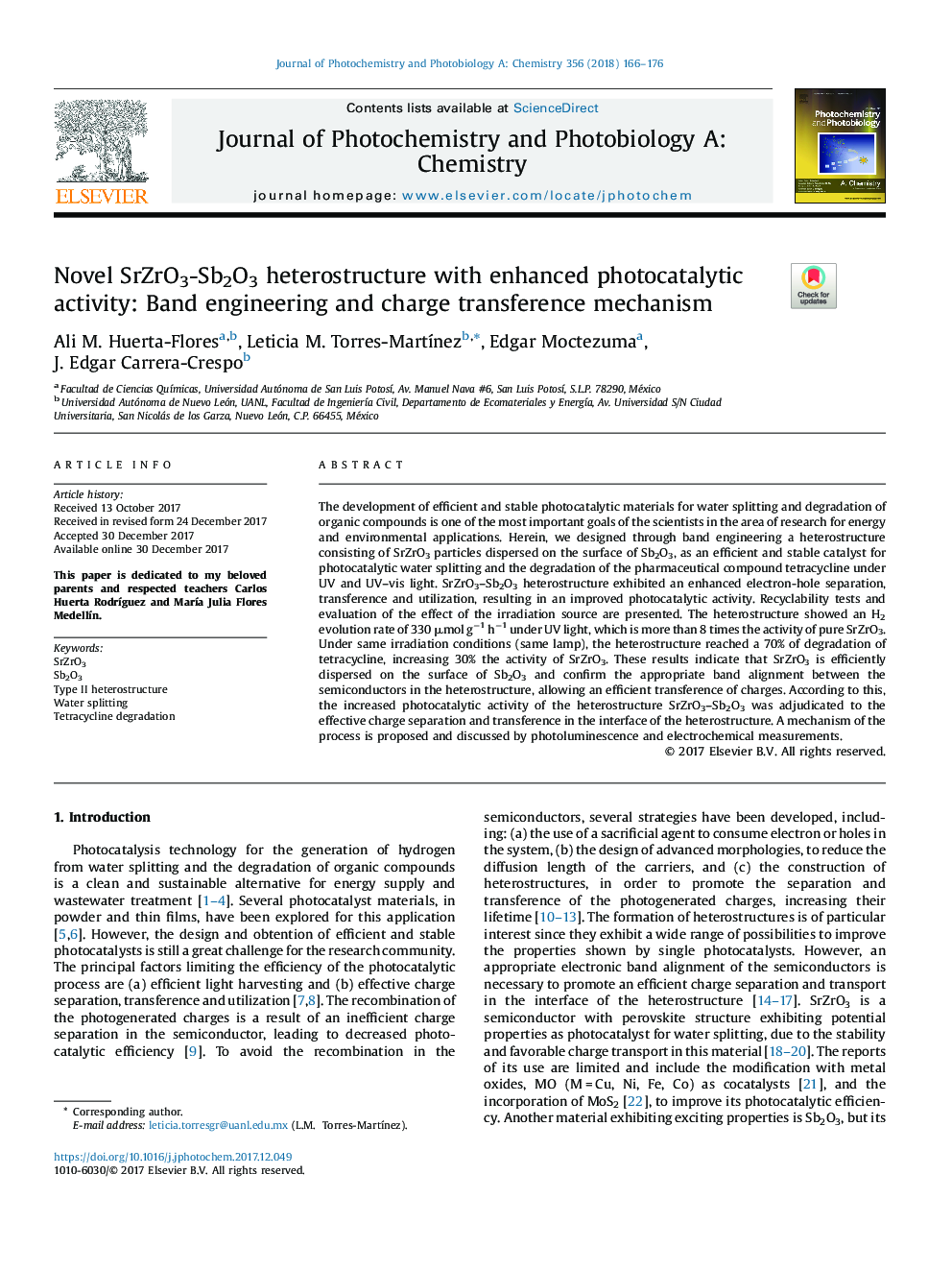 Novel SrZrO3-Sb2O3 heterostructure with enhanced photocatalytic activity: Band engineering and charge transference mechanism