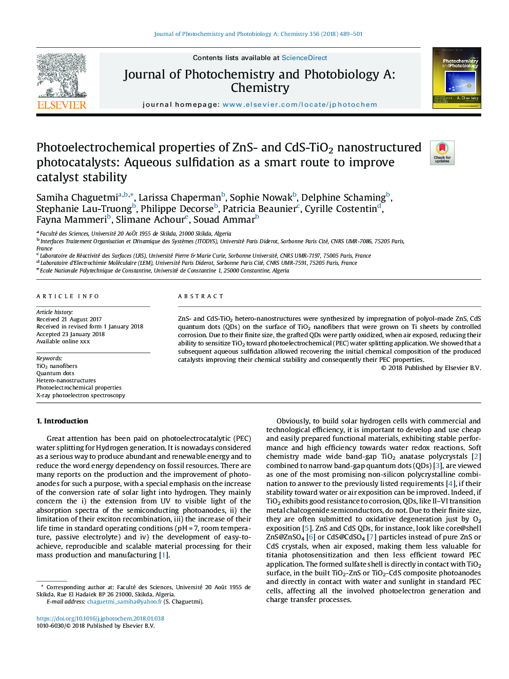 Photoelectrochemical properties of ZnS- and CdS-TiO2 nanostructured photocatalysts: Aqueous sulfidation as a smart route to improve catalyst stability