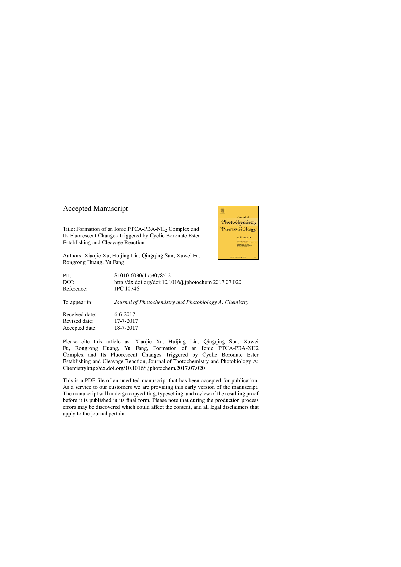 Formation of an ionic PTCA-PBA-NH2 complex and its fluorescent changes triggered by cyclic boronate ester establishing and cleavage reaction