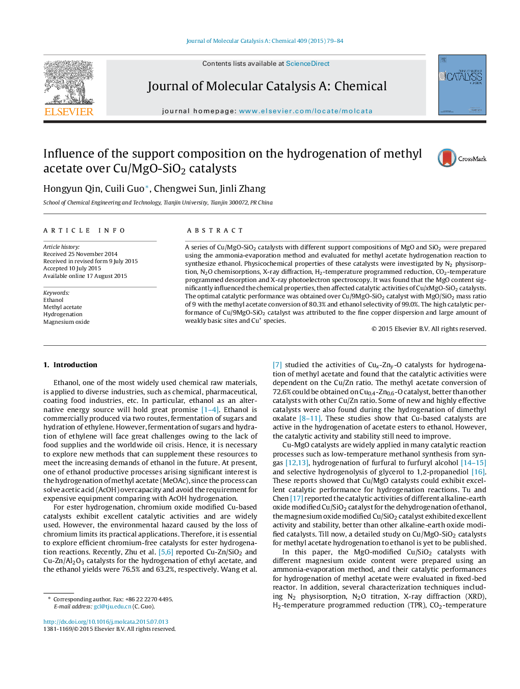 Influence of the support composition on the hydrogenation of methyl acetate over Cu/MgO-SiO2 catalysts