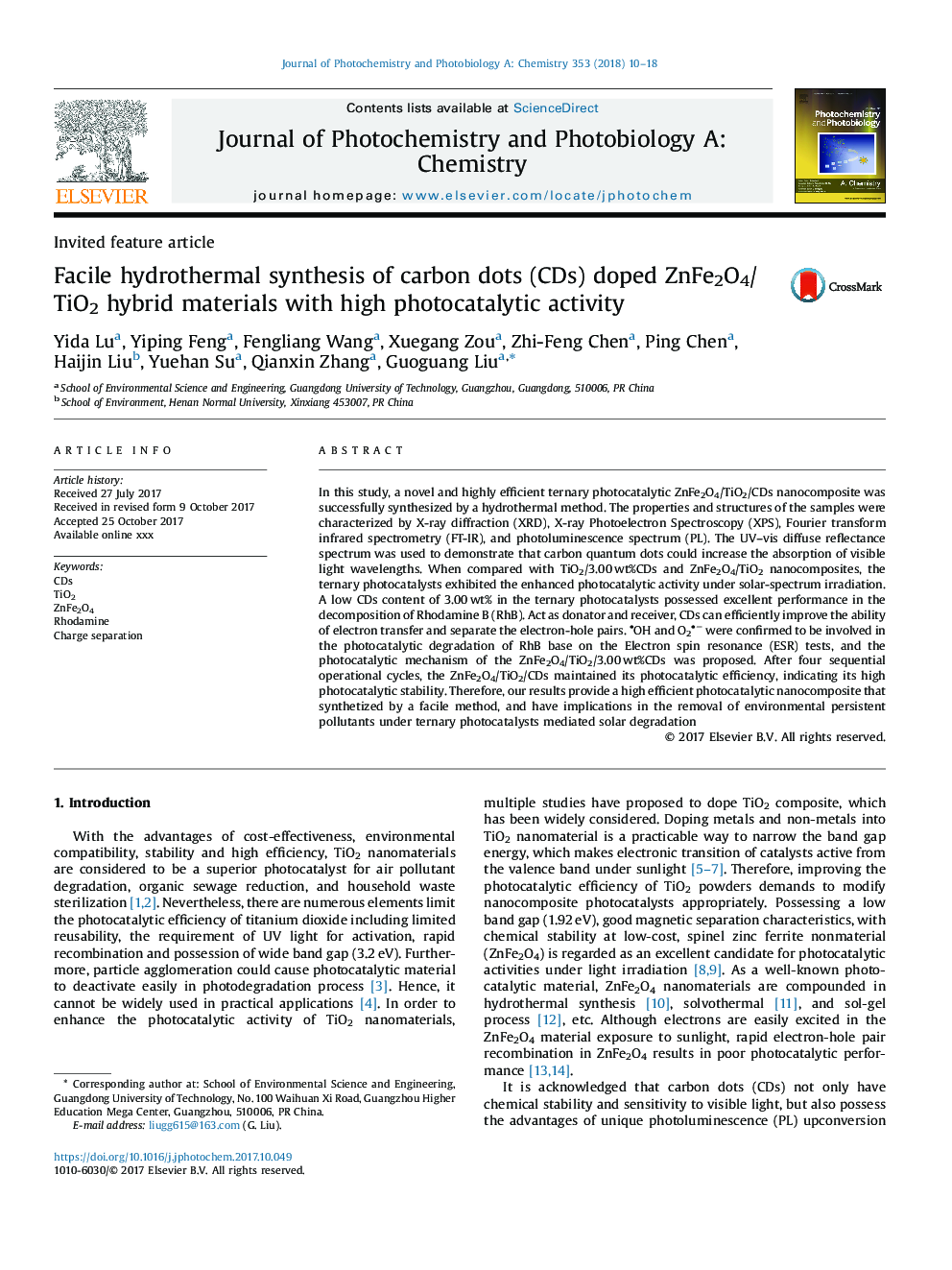 Facile hydrothermal synthesis of carbon dots (CDs) doped ZnFe2O4/TiO2 hybrid materials with high photocatalytic activity