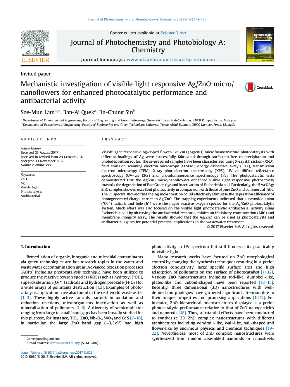 Mechanistic investigation of visible light responsive Ag/ZnO micro/nanoflowers for enhanced photocatalytic performance and antibacterial activity