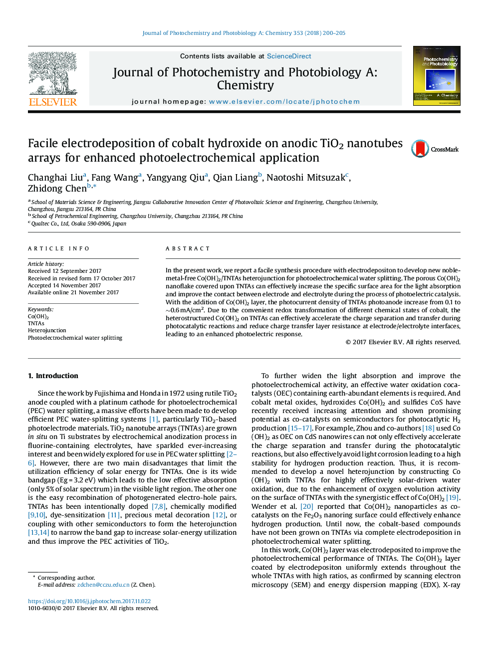 Facile electrodeposition of cobalt hydroxide on anodic TiO2 nanotubes arrays for enhanced photoelectrochemical application