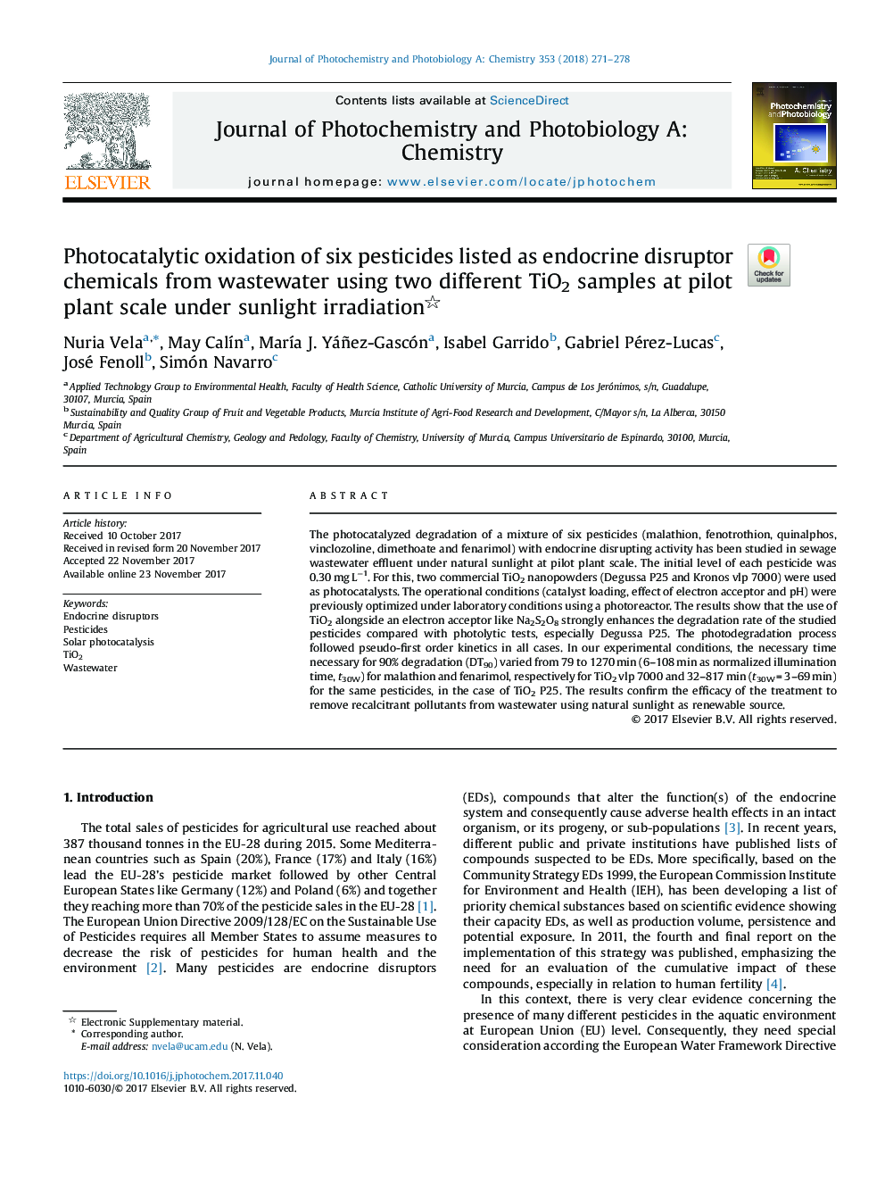 Photocatalytic oxidation of six pesticides listed as endocrine disruptor chemicals from wastewater using two different TiO2 samples at pilot plant scale under sunlight irradiation