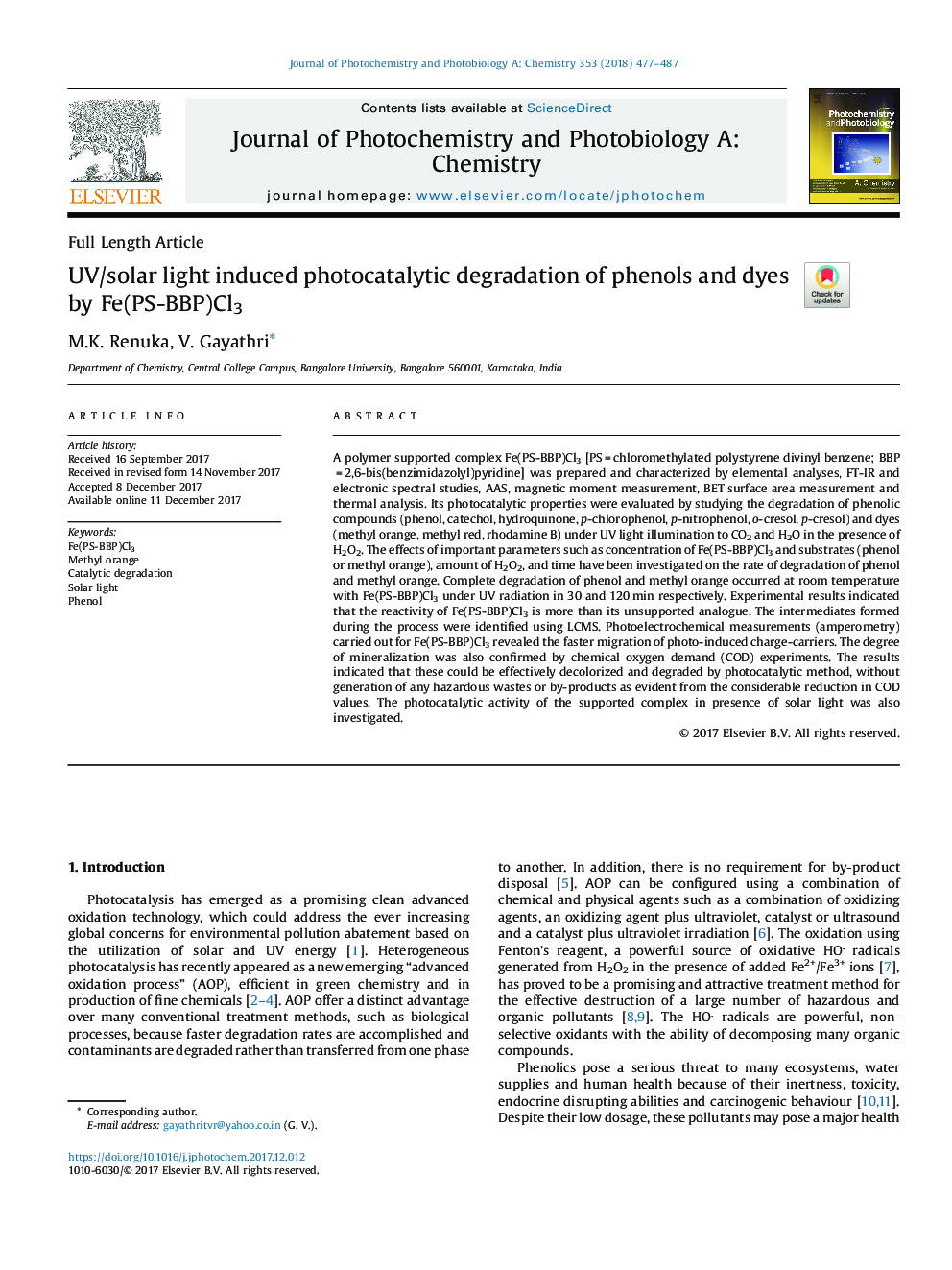 UV/solar light induced photocatalytic degradation of phenols and dyes by Fe(PS-BBP)Cl3