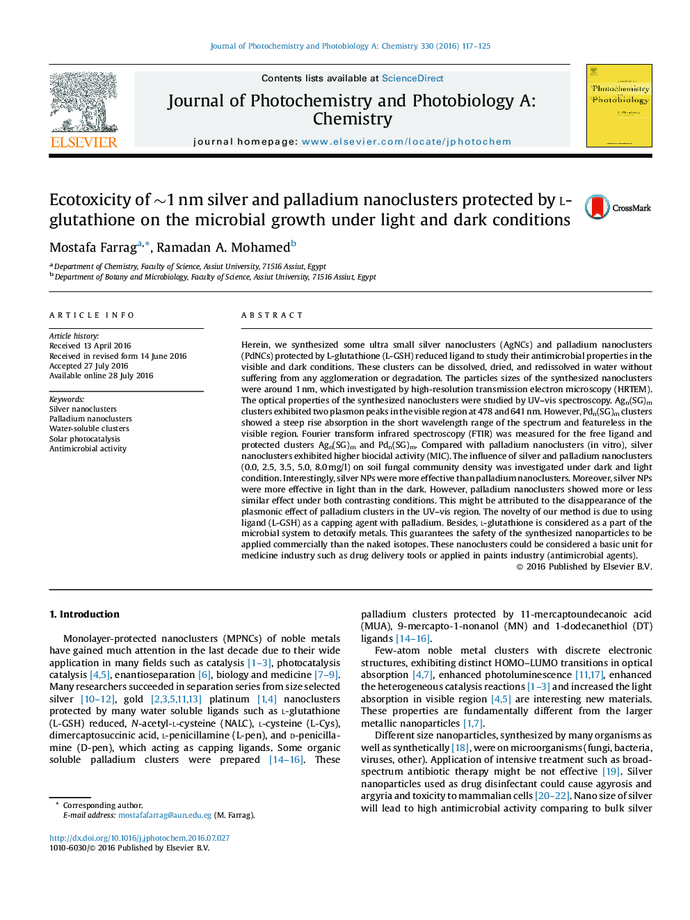 Ecotoxicity of â¼1Â nm silver and palladium nanoclusters protected by l-glutathione on the microbial growth under light and dark conditions