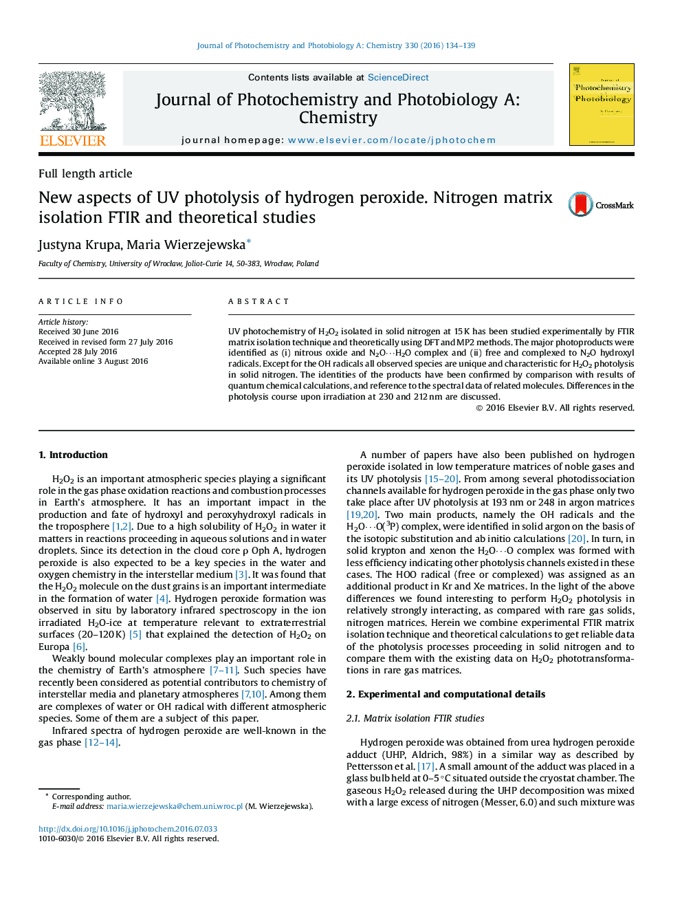 عکس صفحه اول مقاله: New aspects of UV photolysis of hydrogen peroxide. Nitrogen matrix isolation FTIR and theoretical studies New aspects of UV photolysis of hydrogen peroxide. Nitrogen matrix isolation FTIR and theoretical studies