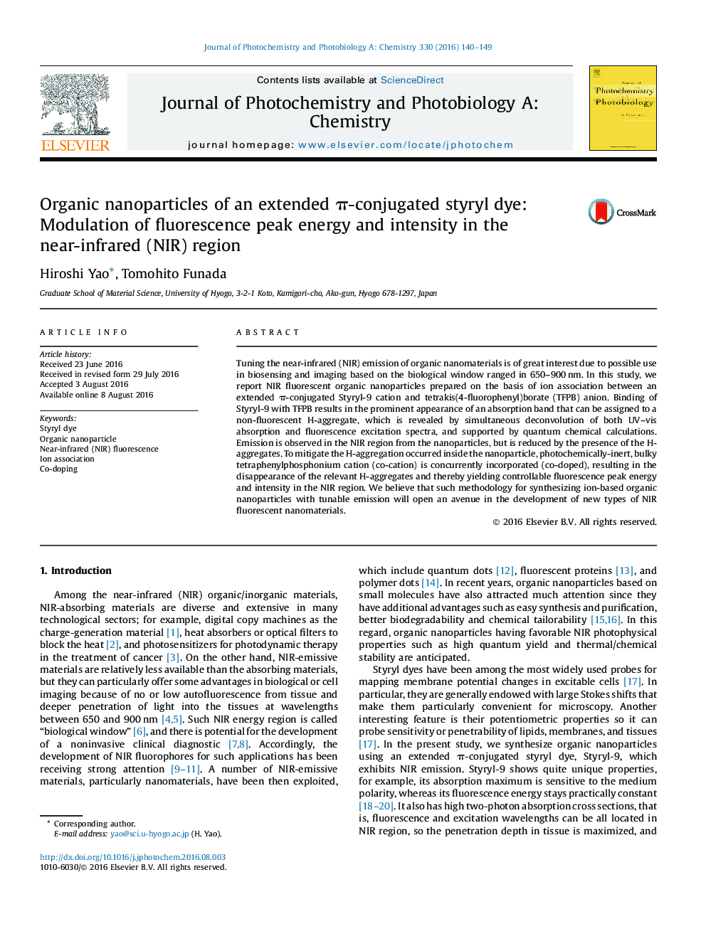 Organic nanoparticles of an extended Ï-conjugated styryl dye: Modulation of fluorescence peak energy and intensity in the near-infrared (NIR) region