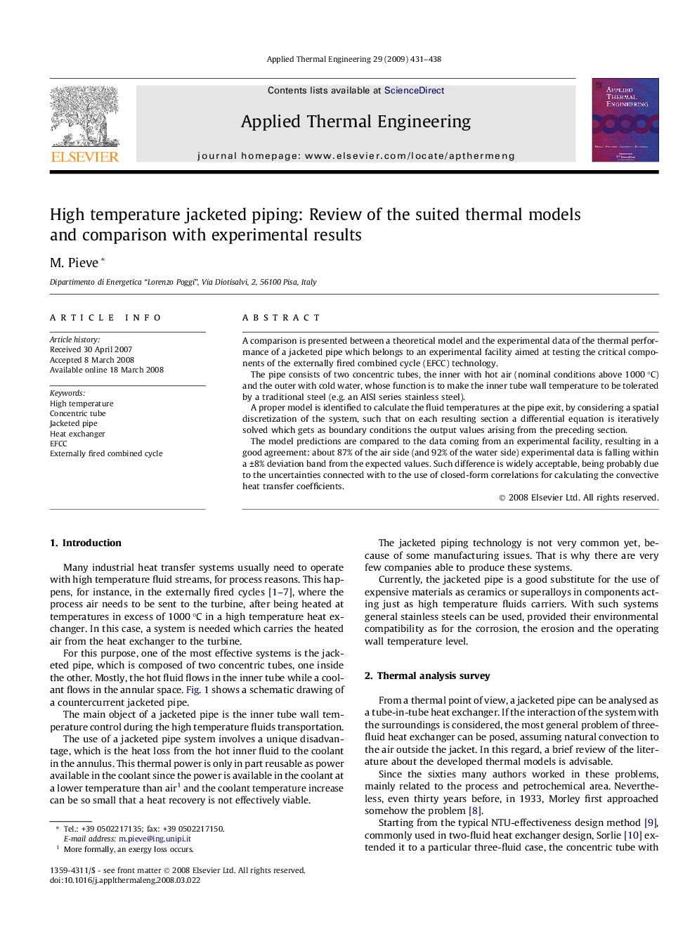 High temperature jacketed piping: Review of the suited thermal models and comparison with experimental results