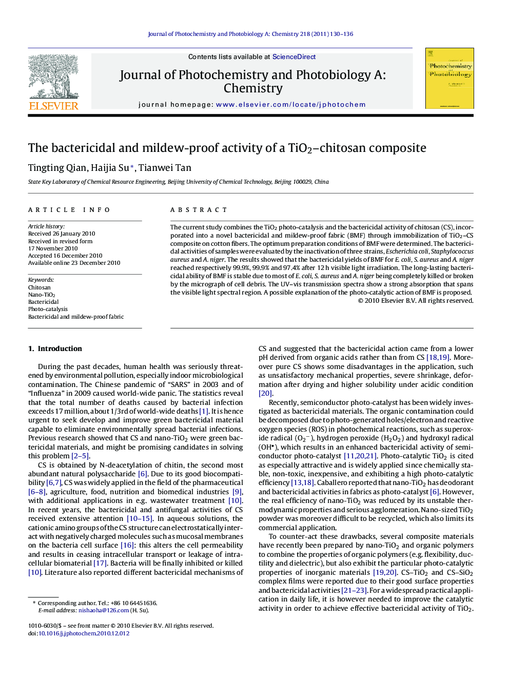 The bactericidal and mildew-proof activity of a TiO2-chitosan composite