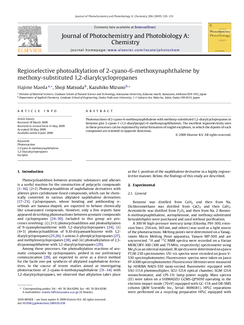 Regioselective photoalkylation of 2-cyano-6-methoxynaphthalene by methoxy-substituted 1,2-diarylcyclopropanes