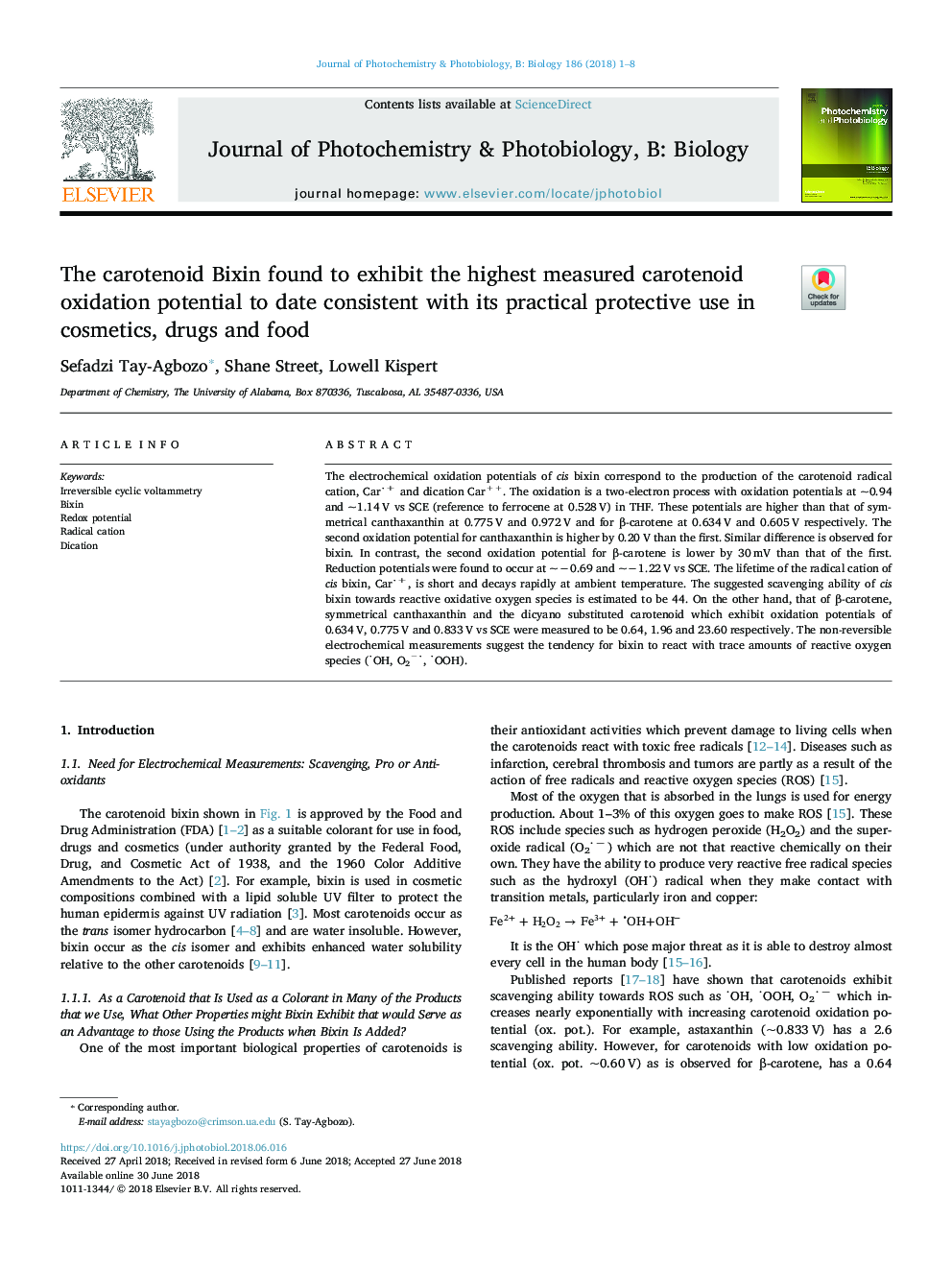 The carotenoid Bixin found to exhibit the highest measured carotenoid oxidation potential to date consistent with its practical protective use in cosmetics, drugs and food