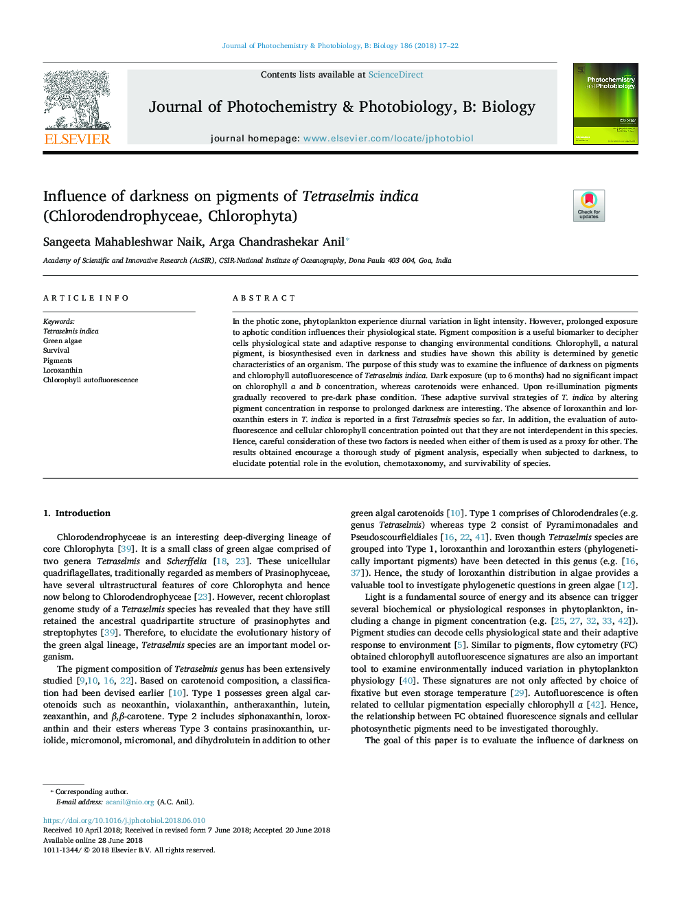 Influence of darkness on pigments of Tetraselmis indica (Chlorodendrophyceae, Chlorophyta)