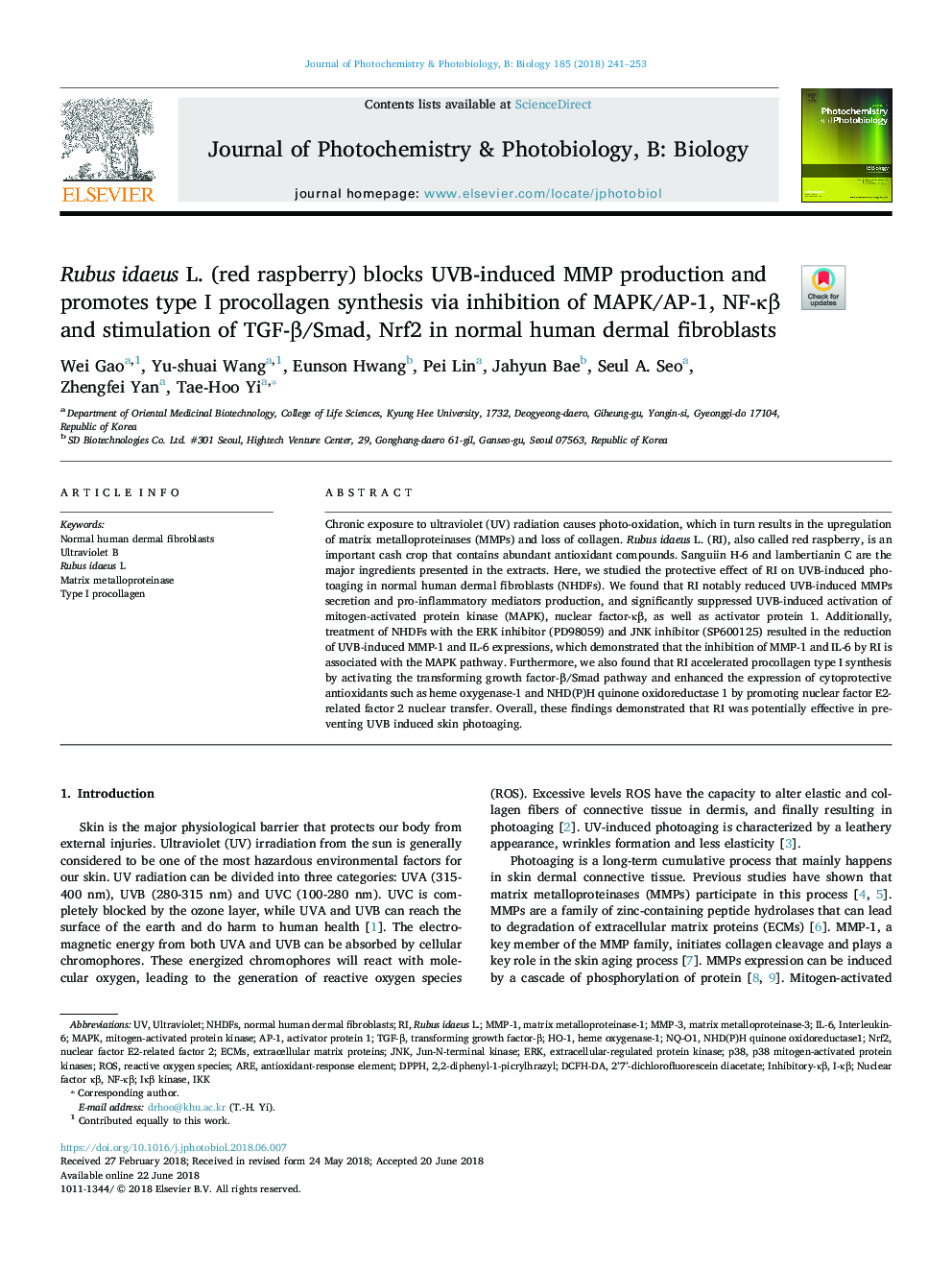 Rubus idaeus L. (red raspberry) blocks UVB-induced MMP production and promotes type I procollagen synthesis via inhibition of MAPK/AP-1, NF-ÎºÎ² and stimulation of TGF-Î²/Smad, Nrf2 in normal human dermal fibroblasts