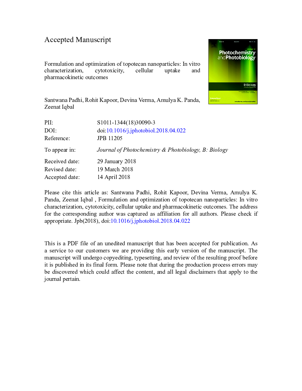 Formulation and optimization of topotecan nanoparticles: In vitro characterization, cytotoxicity, cellular uptake and pharmacokinetic outcomes